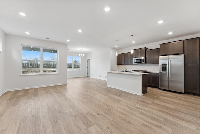 kitchen with light wood finished floors, decorative backsplash, dark brown cabinets, appliances with stainless steel finishes, and open floor plan