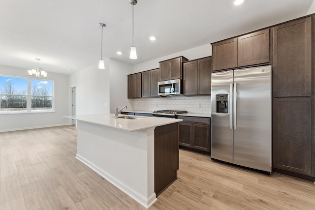 kitchen with dark brown cabinets, decorative backsplash, appliances with stainless steel finishes, light wood-style floors, and a sink