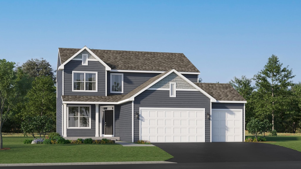 traditional-style home featuring aphalt driveway, a front yard, roof with shingles, and an attached garage