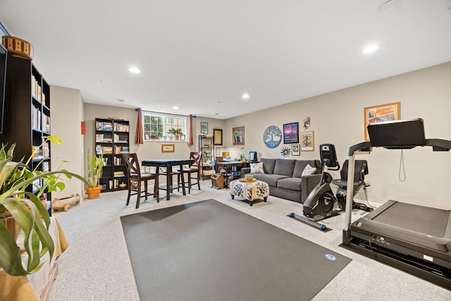 exercise area with recessed lighting and carpet