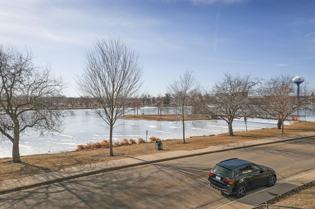 view of road featuring curbs and a water view