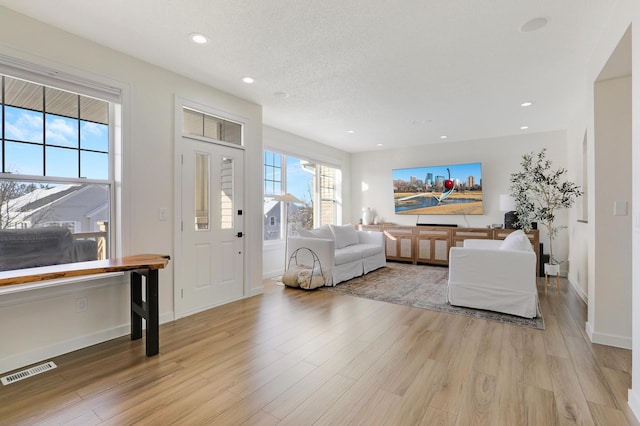 living room with a textured ceiling and light hardwood / wood-style flooring