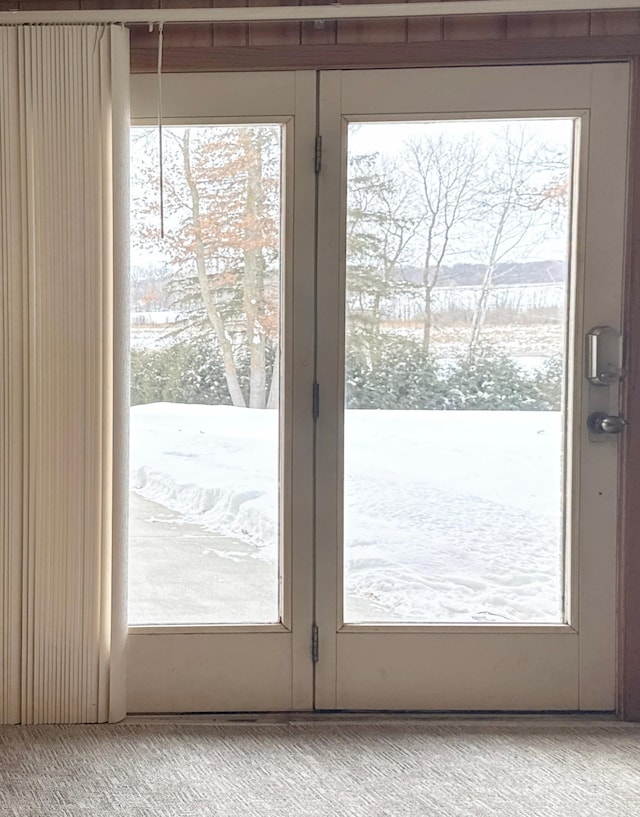 doorway to outside featuring french doors and light colored carpet