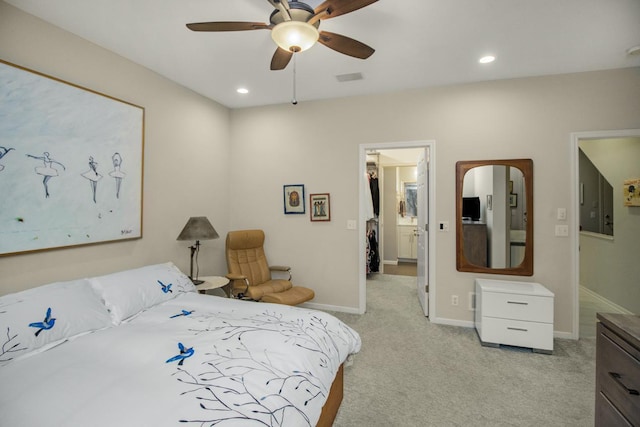 bedroom featuring recessed lighting, visible vents, light carpet, and baseboards