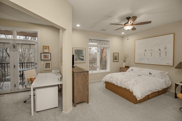 bedroom with recessed lighting, baseboards, carpet, and access to exterior