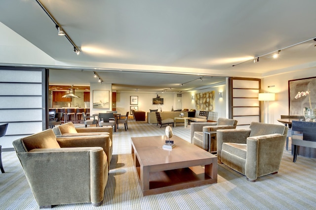 living room with light colored carpet and track lighting