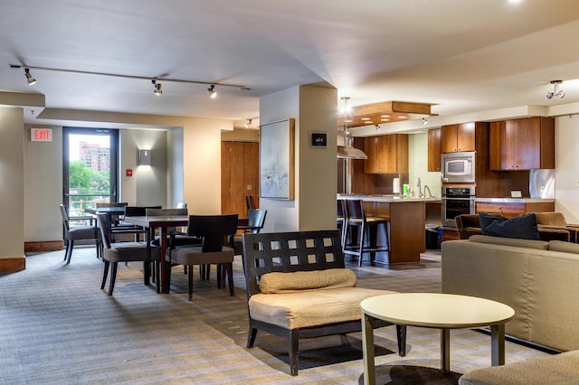 carpeted living room with a sink and track lighting