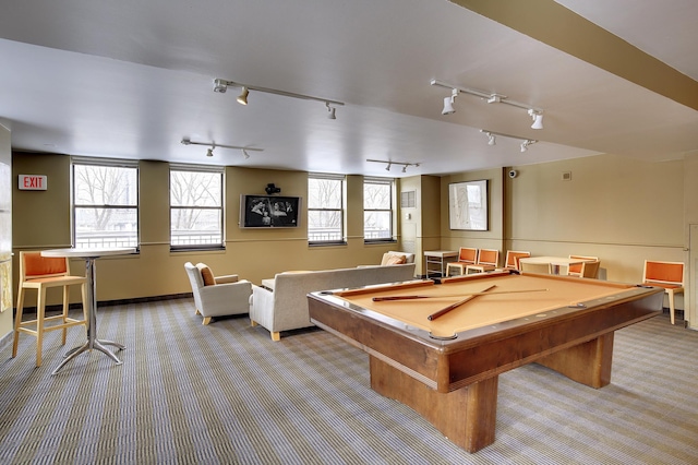 playroom with light carpet and billiards