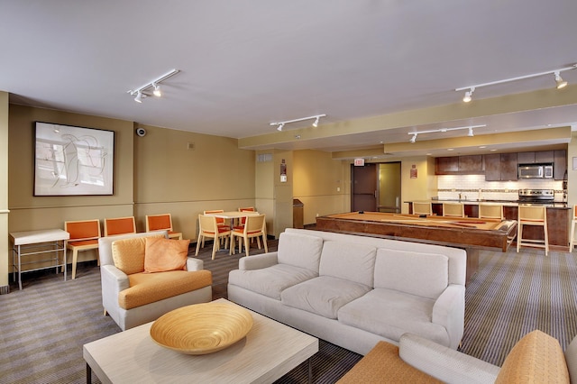 carpeted living area featuring rail lighting, a sink, and pool table