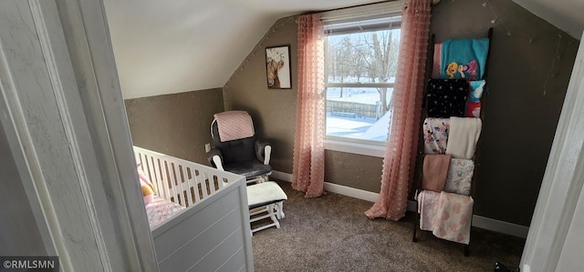 carpeted bedroom featuring lofted ceiling, multiple windows, and a crib