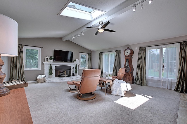 carpeted living room with ceiling fan, lofted ceiling with skylight, and rail lighting