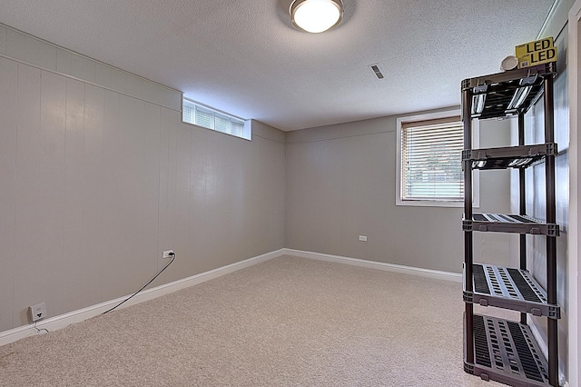 basement featuring carpet floors and a textured ceiling