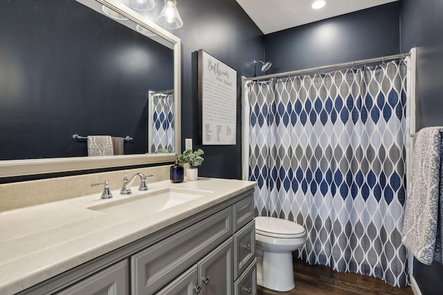 bathroom with a shower with curtain, vanity, toilet, and wood finished floors