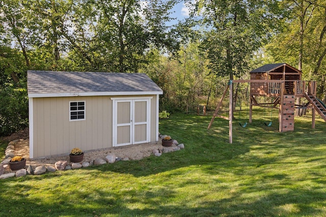 view of shed featuring a playground