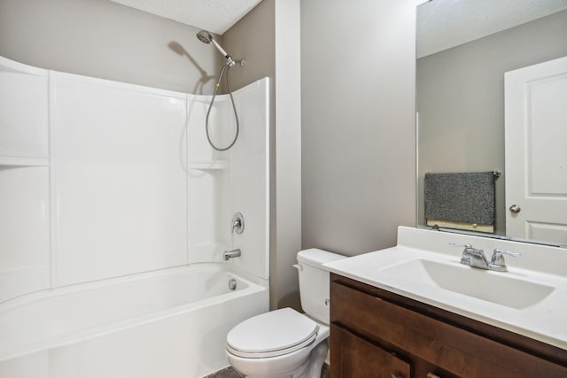 full bathroom with shower / bathtub combination, vanity, toilet, and a textured ceiling