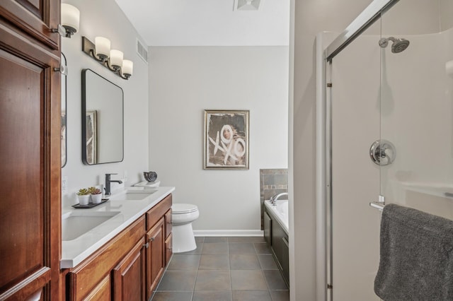 full bathroom featuring a garden tub, tile patterned flooring, a sink, double vanity, and a stall shower