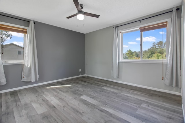 unfurnished room featuring ceiling fan, a textured ceiling, light hardwood / wood-style flooring, and a healthy amount of sunlight