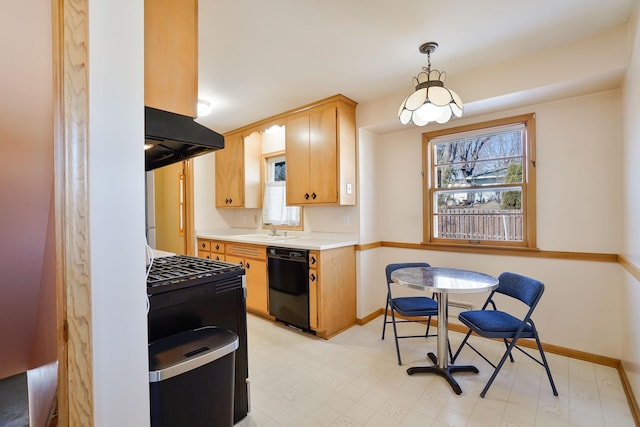 kitchen with range hood, black appliances, light floors, and a sink