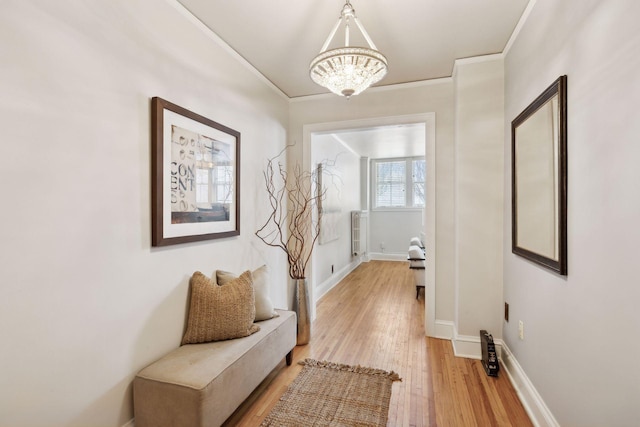 hallway with crown molding and light hardwood / wood-style floors