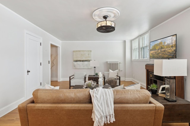 living room with wood-type flooring and ornamental molding