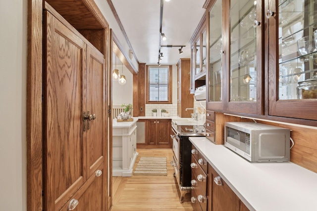 kitchen with pendant lighting, stainless steel appliances, decorative backsplash, and light wood-type flooring