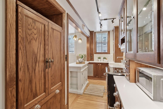 interior space with hardwood / wood-style flooring and tasteful backsplash