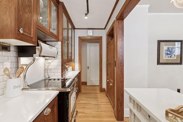 kitchen featuring crown molding, decorative backsplash, stainless steel electric stove, and light hardwood / wood-style flooring