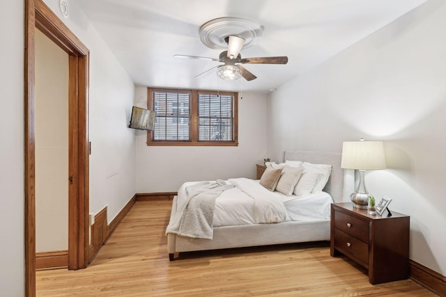 bedroom with ceiling fan and light wood-type flooring