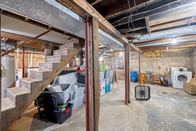 unfinished basement with washer / clothes dryer, water heater, electric panel, and stairway