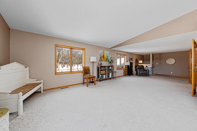 misc room featuring lofted ceiling and carpet