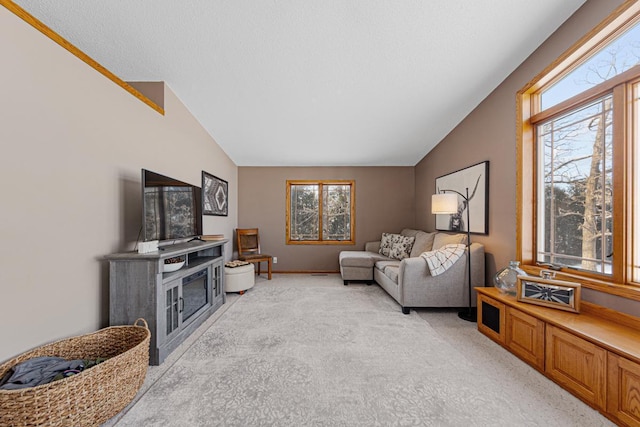 living room with light colored carpet, vaulted ceiling, and a textured ceiling