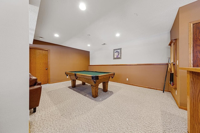 game room with billiards and light carpet