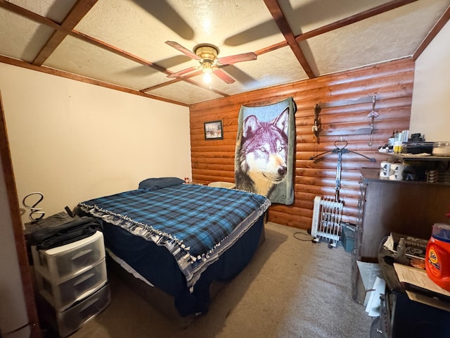 carpeted bedroom featuring log walls