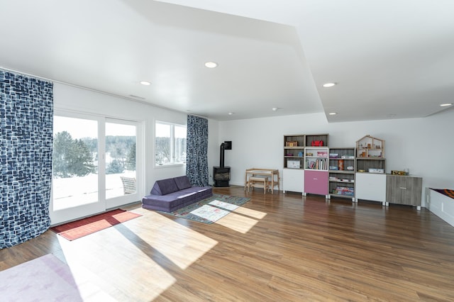 5078 Nicklaus Dr NW, Rochester, MN 55901 - living area with a wood stove, wood finished floors, and recessed lighting