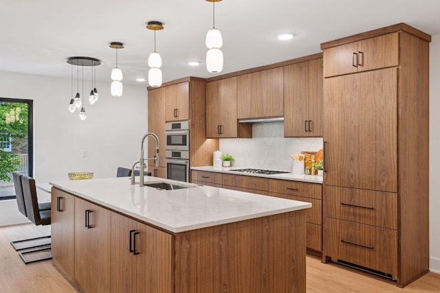 651 Sue Pl, Saint Paul, MN 55116 - kitchen featuring light wood-type flooring, a sink, stainless steel double oven, tasteful backsplash, and an island with sink