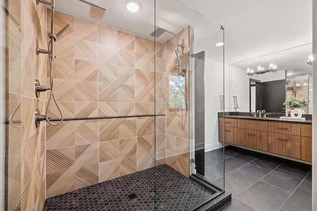 651 Sue Pl, Saint Paul, MN 55116 - bathroom featuring vanity, a tile shower, recessed lighting, and a chandelier