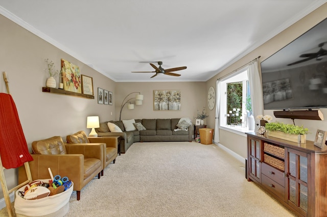 living area with light carpet, ceiling fan, ornamental molding, and baseboards