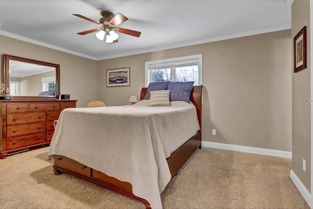 bedroom with baseboards, ceiling fan, ornamental molding, and light colored carpet