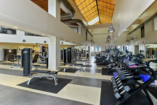 exercise room featuring a towering ceiling