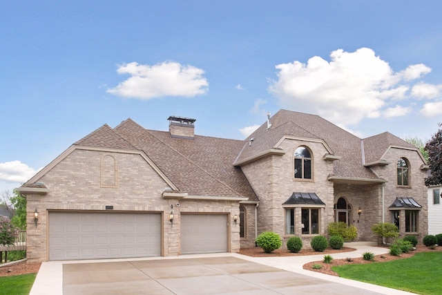 11824 Welters Way, Eden Prairie, MN 55347 - french country home featuring brick siding, driveway, roof with shingles, a chimney, and an attached garage