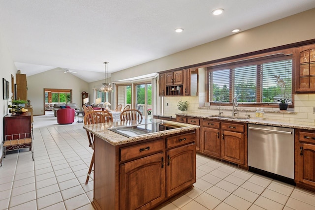 11824 Welters Way, Eden Prairie, MN 55347 - kitchen with stainless steel dishwasher, a sink, tasteful backsplash, plenty of natural light, and lofted ceiling