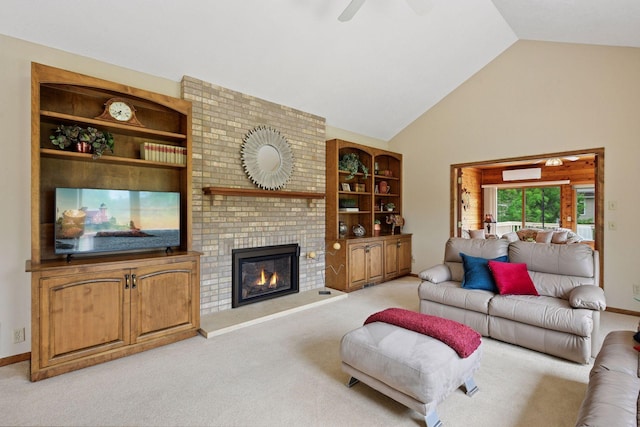 11824 Welters Way, Eden Prairie, MN 55347 - carpeted living room with a ceiling fan, high vaulted ceiling, a fireplace, and baseboards
