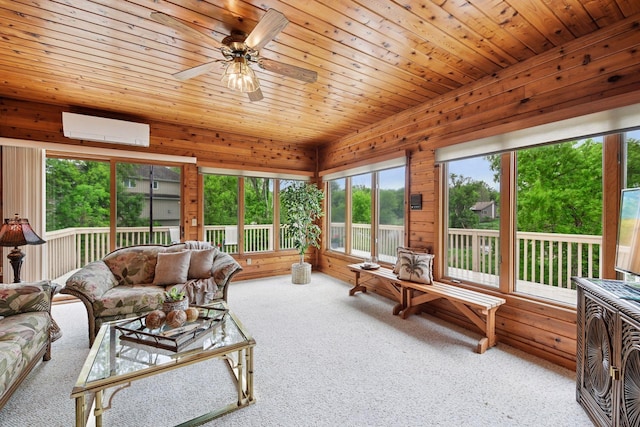 11824 Welters Way, Eden Prairie, MN 55347 - living area with a wall mounted AC, carpet flooring, a ceiling fan, wooden walls, and wood ceiling