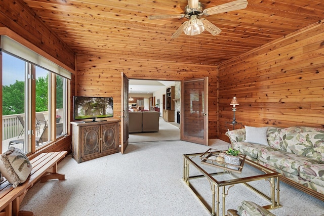 11824 Welters Way, Eden Prairie, MN 55347 - carpeted living room with wood walls, wood ceiling, and ceiling fan