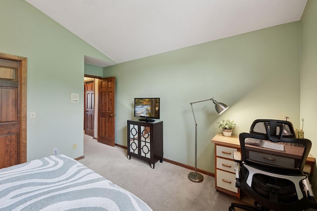 11824 Welters Way, Eden Prairie, MN 55347 - bedroom featuring light colored carpet, vaulted ceiling, baseboards, and an office area