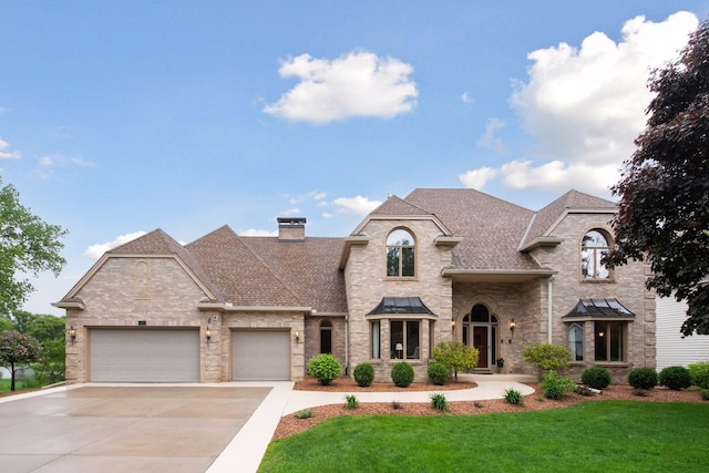 11824 Welters Way, Eden Prairie, MN 55347 - french country inspired facade with a shingled roof, concrete driveway, a front lawn, and a garage