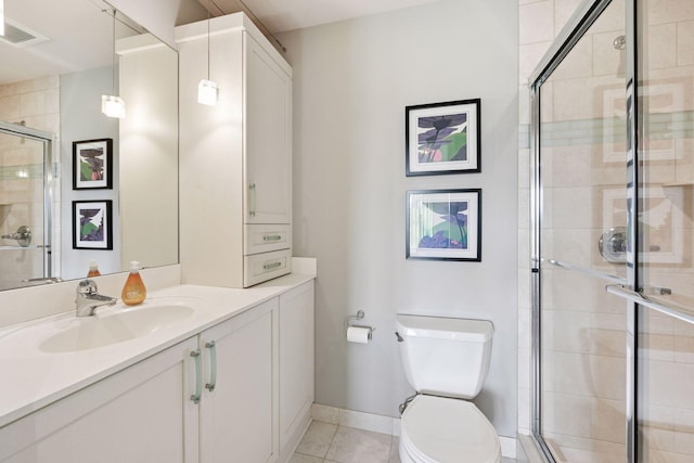 full bathroom with visible vents, toilet, a stall shower, vanity, and tile patterned flooring