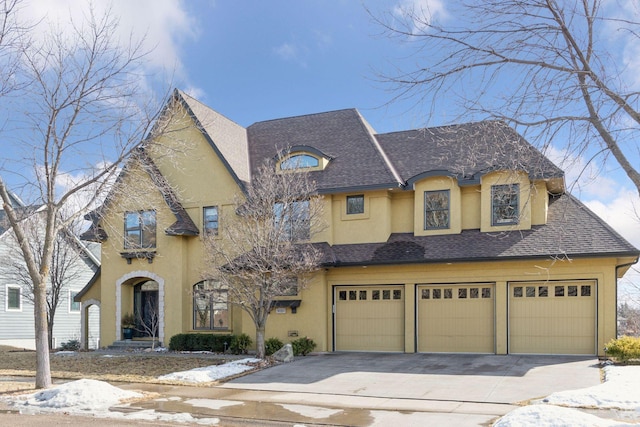 french country home with an attached garage, roof with shingles, aphalt driveway, and stucco siding