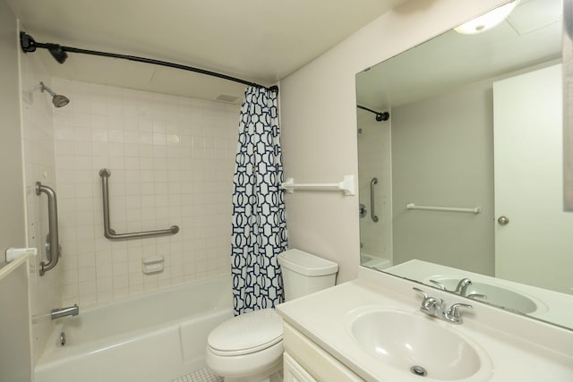 full bathroom featuring shower / bath combination with curtain, vanity, and toilet