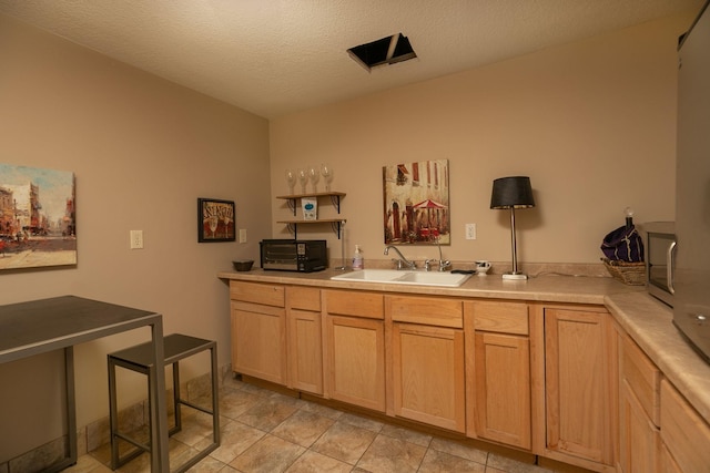 kitchen with sink, light brown cabinets, and a textured ceiling